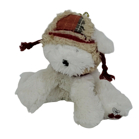 Hugfun Dog Plush 5.5" White Winter Hat Scarf Stuffed Animal Toy Plaid Puppy Gift - Picture 1 of 4